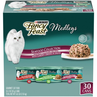 Fancy Feast Medleys Seafood Collection with Garden Greens in Sauce Gourmet Wet Cat Food - 3oz/30ct Variety Pack