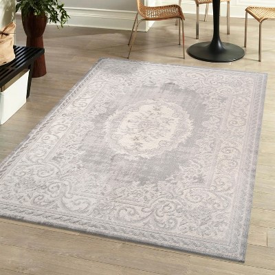 Jonathan Y Dark Gray/Yellow 2 ft. x 8 ft. Wincer Chenille Cottage Medallion Machine-Washable Runner Rug