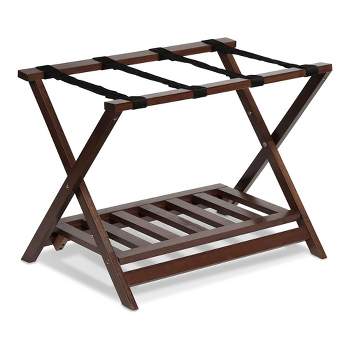 PJ Wood Portable Hotel Style Solid Wooden Folding Luggage Rack with Bottom Shoe Storage Shelf for House Guests or Travel, Walnut