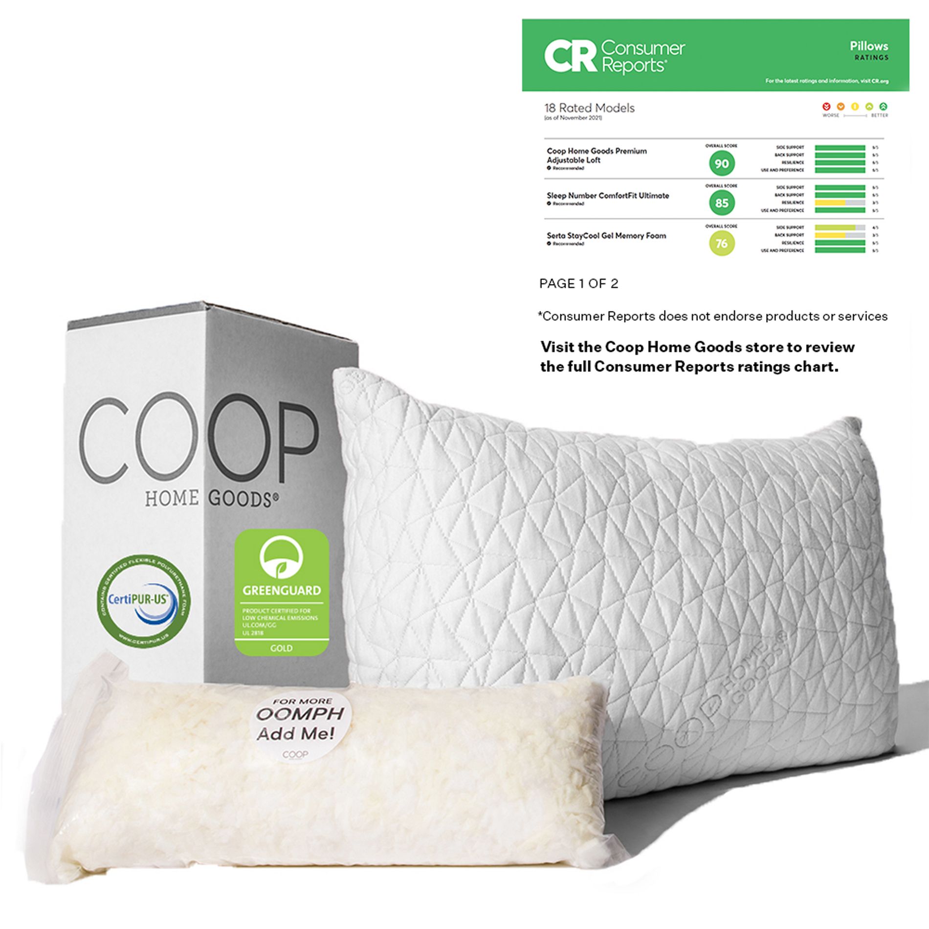 Coop Home Goods The Original - Adjustable Memory Foam Pillow - Greenguard Gold Certified