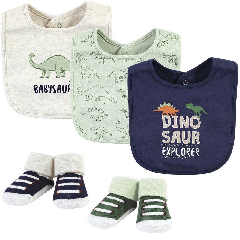 Hudson Baby Infant Boy Cotton Bib and Sock Set, Dinosaur Explorer, One Size, 1 of 9