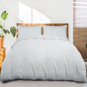 PiccoCasa 110gsm Brushed Microfiber Bedding Duvet Cover Set with Pompoms with 2 Pillowcase - 1 of 4
