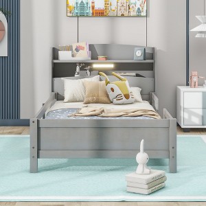 Kumasinova Wood Twin/Full Bed Frame with LED Headboard,Platform Bed Frames with Storage Shelves,Twin/Full Size Bed Frame with Safety Rails - 1 of 4