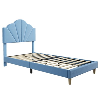 Twin Velvet Platform Bed Frame with Adjustable Headboard, Wood Slat Support, Blue/Pink