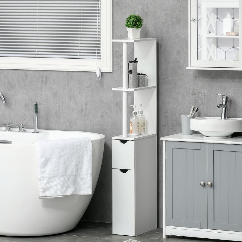 kleankin Tall Bathroom Storage Cabinet, Freestanding Linen Tower with 2 Open Shelves and 2 Door Cabinets, White, 2 of 7