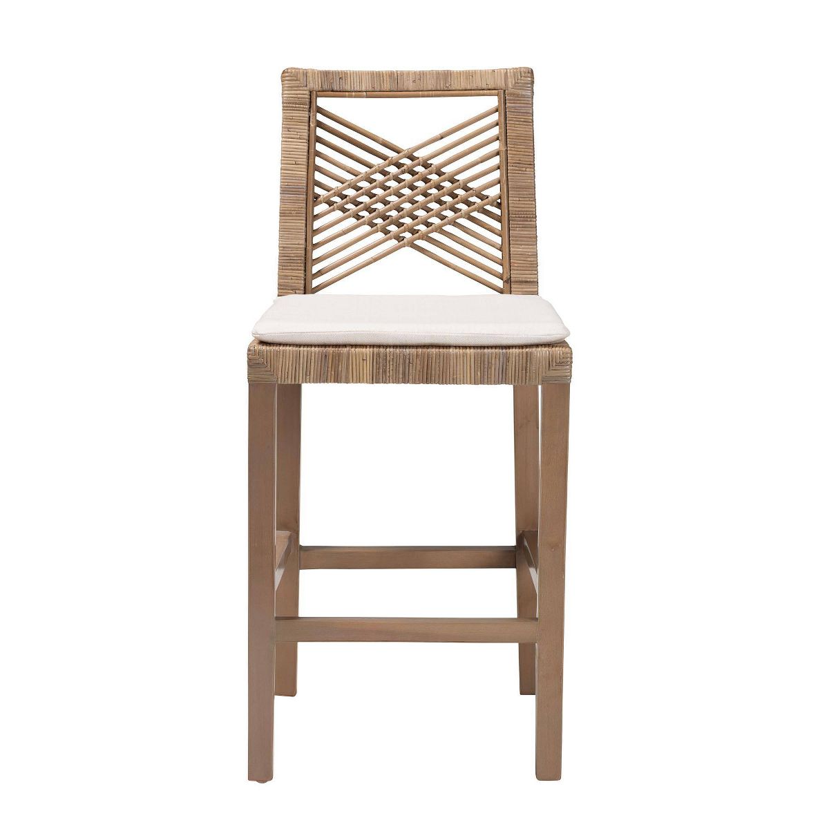 bali & pari Poltak Natural Rattan and Mahogany Wood Counter Height Barstool Kubu Gray/Rustic Taupe