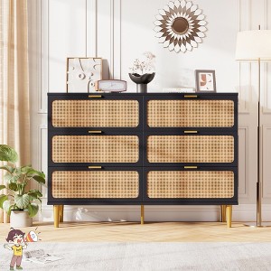 Jojoka Modern 6 Drawer Dresser with Natural Rattan, Wooden Chest of Drawers for Closet, Hallway, Living Room - 1 of 4