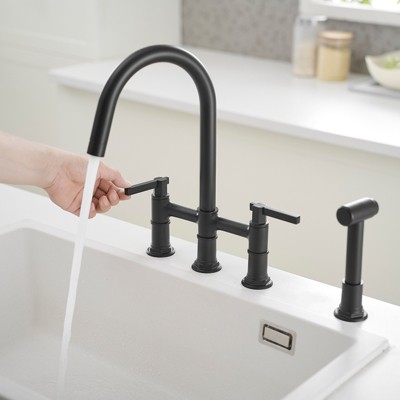 Modern Black Double Handle Bridge Kitchen Faucet with Side Sprayer
