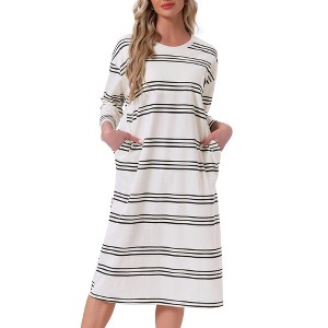 INSPIRE CHIC Womens Nightgown Cotton Stripe Long Sleeve Built-in Bra Pattern Round Neck Winter Midi Sleepwear Nightdress - 1 of 4