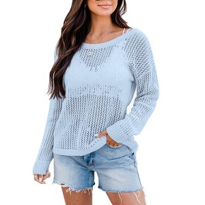 Women's Crochet Tops Long Sleeve Hollow Out Beach Summer Sweater Boho Knit Coverup - 1 of 1