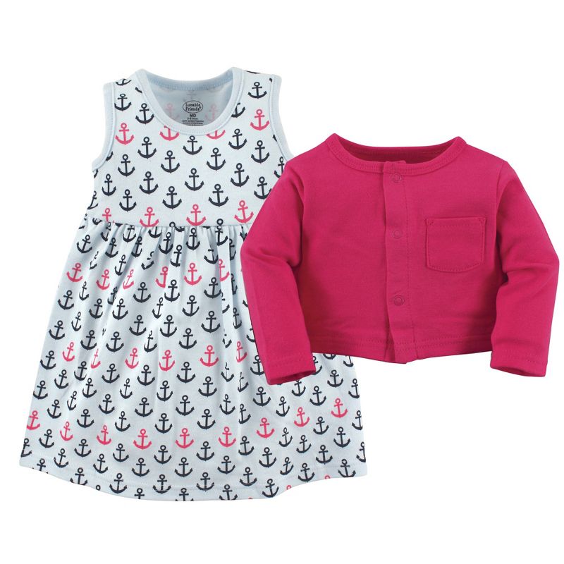 Luvable Friends Baby and Toddler Girl Dress and Cardigan 2pc Set, Anchors, 3 of 4