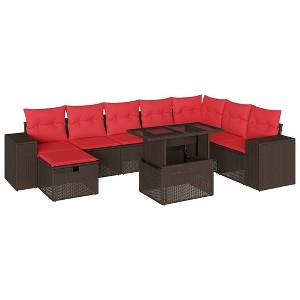vidaXL Patio Sofa Set with Cushions Sectional Couches 9 Piece Poly Rattan - Brown without storage - 1 of 4