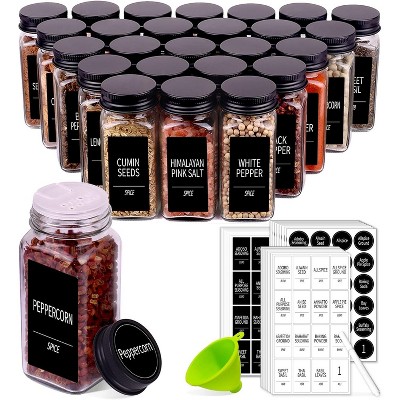 25 Spice Jars with 547 Labels- Glass Spice Jars with Black Metal Caps, 4oz Empty Spice Containers