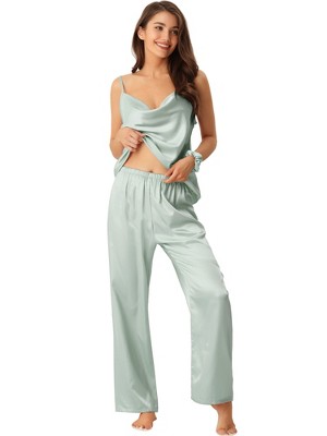 cheibear Womens Satin Lounge Lace Trim Cami Tops with Pants Sleepwear  Pajamas Sets Blue Large