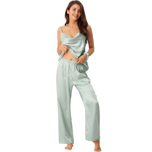 cheibear Women's Satin Cowl Neck Cami Top with Long Pant PJ Loungewear Silky Pajama Set - 1 of 4