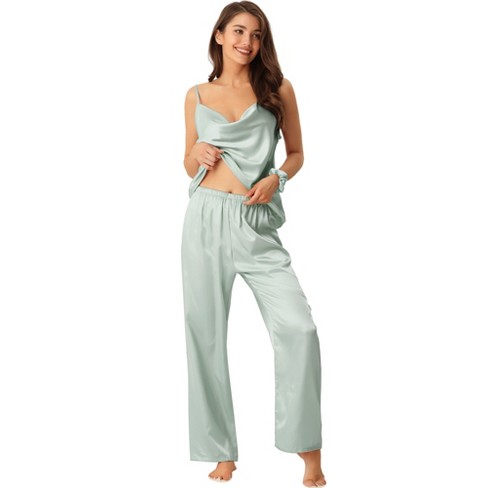 cheibear Womens Satin Sleepwear Cowl Neck Cami Top with Long Pant PJ  Loungewear Silky Pajama Set Blue Large