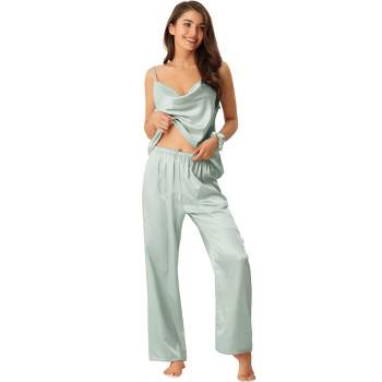 cheibear Women's Satin Cowl Neck Cami Top with Long Pant PJ Loungewear Silky Pajama Set