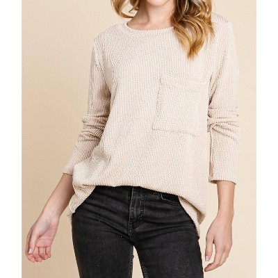Women's Long Sleeve Ribbed Front Pocket Top - BOMBOM
