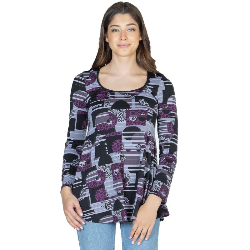 24seven Comfort Apparel Womens Purple Print Scoop Neck Long Sleeve Tunic Top, 1 of 5
