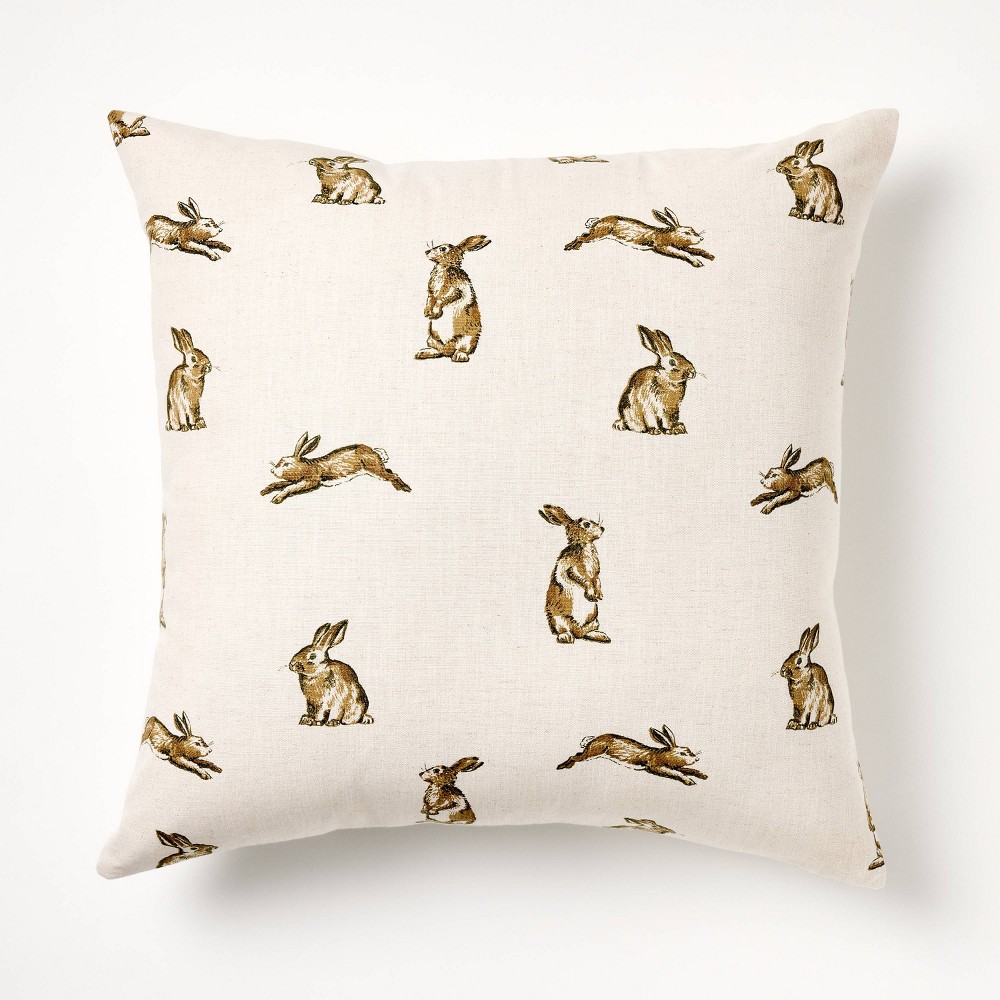 Photos - Pillow Oversized Printed Bunny Square Throw  Linen/Brown - Threshold™ designed with Studio McGee: Winter Animal Pattern, 24"x