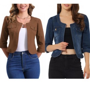 INSPIRE CHIC Women's Collarless Pockets 3/4 Sleeve Crop Denim Jackets 2 Pieces - 1 of 4