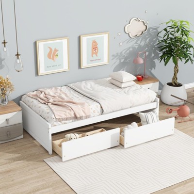 ALEXOUN Twin Size Bed Frame with Storage Drawers -Minimalist Rubber Wood Bed Frame Fits Bedroom,Guest Room,Nursery No Box Spring Needed