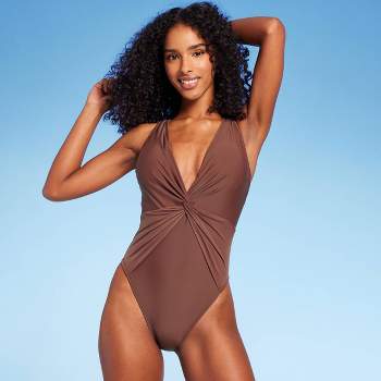 Women's Shirred Ribbed Bandeau Cheeky One Piece Swimsuit - Shade & Shore™  Blue L : Target