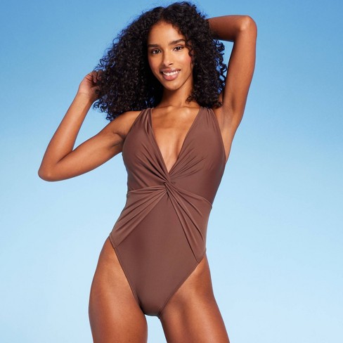 Women's Twist-front Plunge One Piece Swimsuit - Shade & Shore™ Brown L :  Target