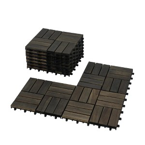 Gulches Wood Interlocking Deck Tiles Checker Pattern, 10PCS 12" x 12" Square Dark Brown Acacia Hardwood Outdoor Flooring for Patio, Bancony, Pool Side - 1 of 4