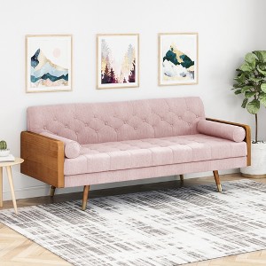 Adelaide Mid-Century Modern Tufted Sofa with Rolled Accent Pillows, Gold-Tipped Rubberwood Legs & Diamond Stitching - 1 of 4