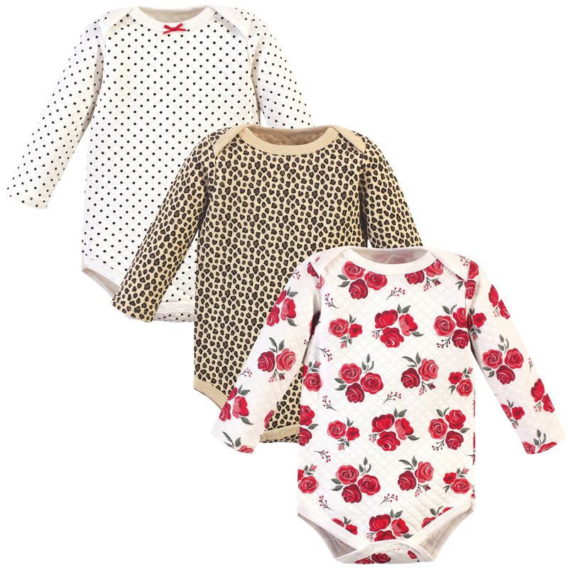 Hudson Baby Infant Girl Quilted Long-Sleeve Cotton Bodysuits 3pk, Rose Leopard, 1 of 4