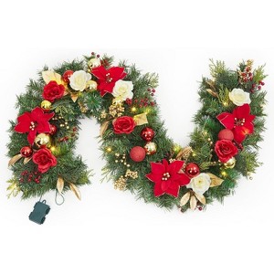 GAOMON 6ft Christmas Garland with Lights, Pre-Lit Artificial Pine Garland with Berries & Balls, Battery Operated Christmas Decor - 1 of 4