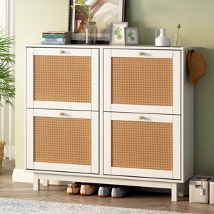 Clint 37.1" Height Farmhouse Rattan Shoe Rack Multifunctional 2-Tier Organizer Drawers for 12 Pairs with 4 Flip Down Drawers-Maison Boucle - 1 of 4