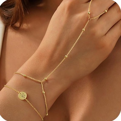 Turandoss 2PCS Initial Hand Chain Bracelet for Women Trendy - 18K Gold Layered Disc Letter Chains, Finger Rings Charm Bracelet Stack, Christmas Gifts