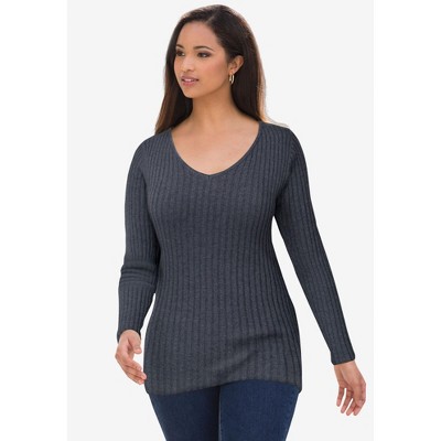 Jessica London Women S Plus Size V Neck Ribbed Sweater L Heather