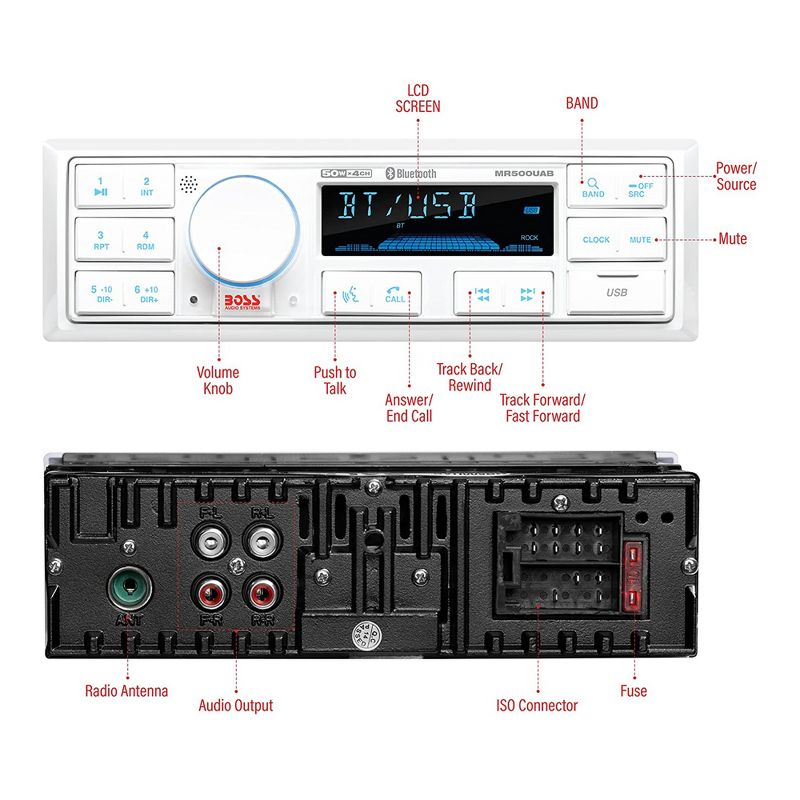 BOSS Audio Single DIN Mech-Less Marine Audio Bluetooth Multimedia Player, White, 5 of 7