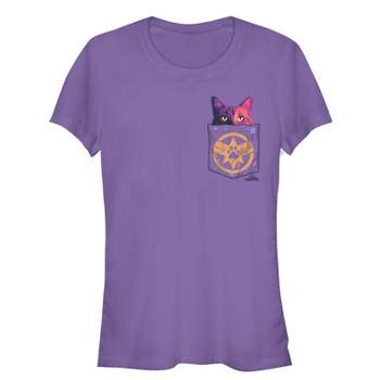 Juniors Womens Marvel Captain Marvel Goose Cat Pocket Print T-Shirt