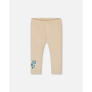 Deux par Deux Girl Organic Cotton Legging Beige with Blue Flowers - 1 of 4