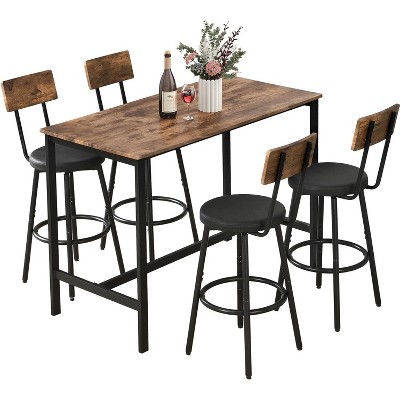 Zevemomo Dining Table Set for 4, 5-Piece Bar Table Set, Counter Height High Top Table with 4 PU Upholstered Stools, for Small Space, Brown