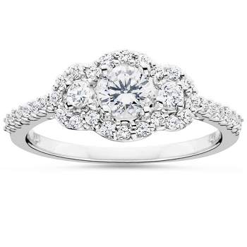 Pompeii3 7/8 Carat 3-Stone Halo Diamond Anniversary Engagement Ring Solitaire White Gold