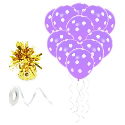 Blue Panda 50 Pack Purple Polka Dot Latex Balloons for Birthday Party with Gold Weight, String