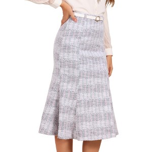 Allegra K Women's Tweed High Waist Midi Plaid Belted Fishtail Bodycon Skirts - 1 of 4