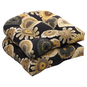 Outdoor 2-Piece Wicker Chair Cushion Set - Black/Yellow Floral, Black Yellow