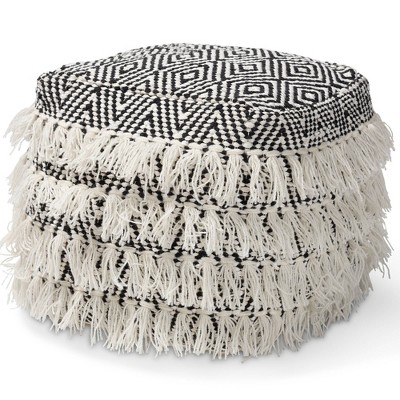 Alian Handwoven Wool Tassel Moroccan Inspired Pouf Ottoman Black/Ivory - Baxton Studio