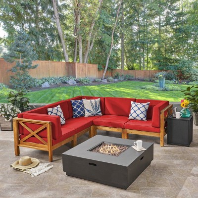 Culatra 7pc Acacia Sectional Sofa Set with Fire Pit -Teak/Red and Dark Gray - Christopher Knight Home