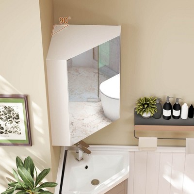 White Engineered Wood Corner Medicine Cabinet with Mirror