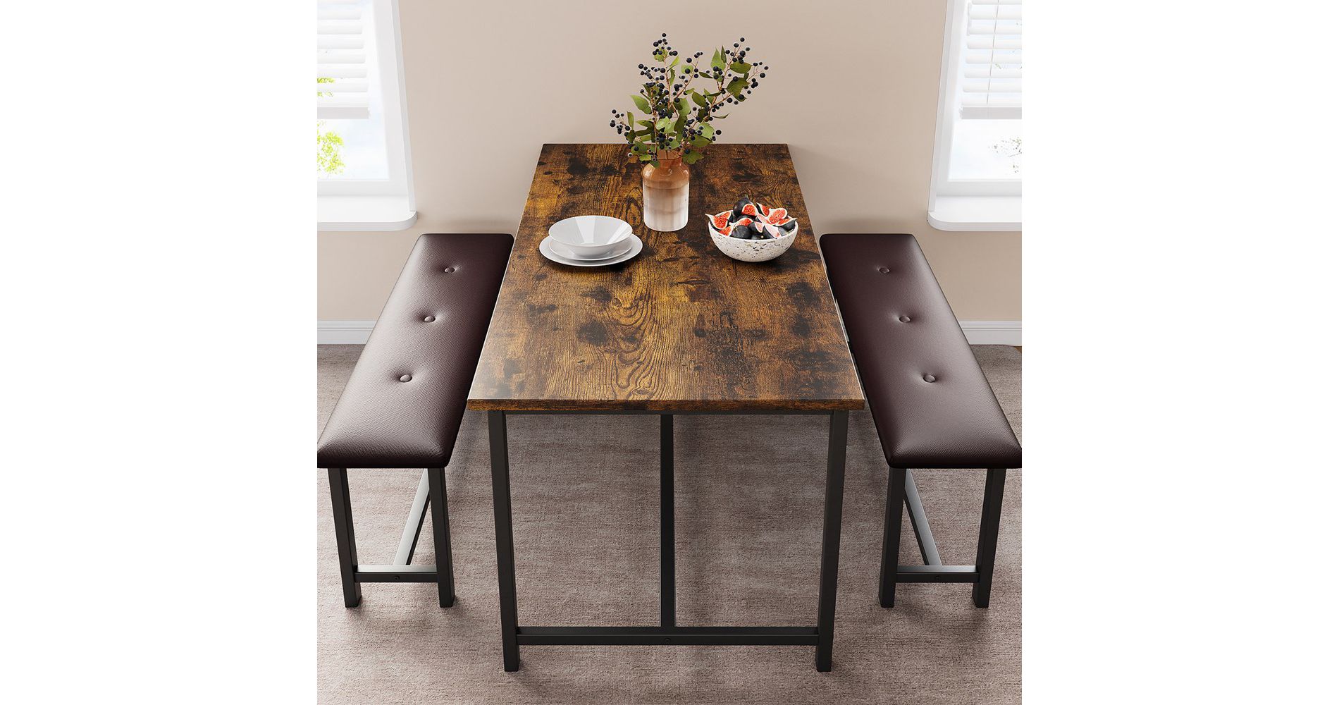Dining Table Set, Kitchen Table and 2 Upholstered Benches, Rectangular Dining Room Table Set for Small Space, Apartment, Studio, Home, Rustic Brown