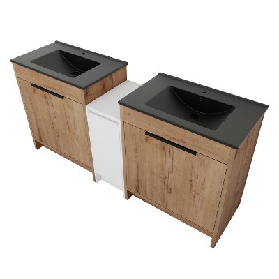 Vynxaria 72 in. Double Freestanding Glossy White Imitation Oak Plywood Bath Vanity with Black Ceramic Top KD-PACKING Ready to Assemble