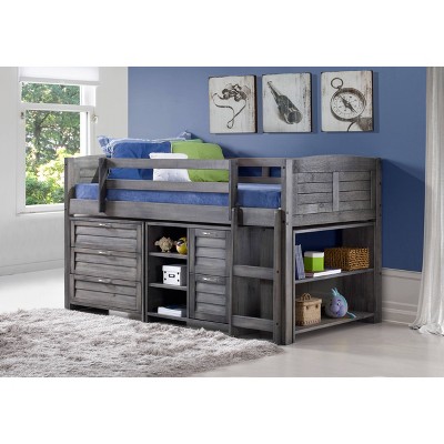 Twin Louver Low Loft Bed with 3+2 Drawer Chest, Shelves and Bookcase Antique Gray - Donco Kids