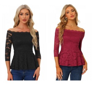 INSPIRE CHIC Women's Elegant Lace Floral Semi Sheer 3/4 Sleeve Off Shoulder Peplum Top 2 Packs - 1 of 4